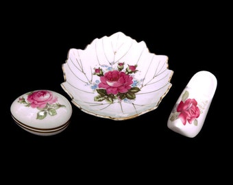 Vintage Rose Porcelain Collection: Limoges Trinket Box, Sanford Shoe, Japan Leaf Dish