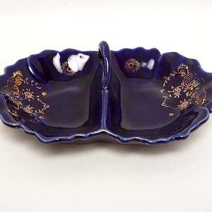 Cobalt Blue Divided Candy Dish with Handle – Japanese Porcelain Relish Tray – HandPainted Raised Floral Design with Gold Accents – 8&quot;