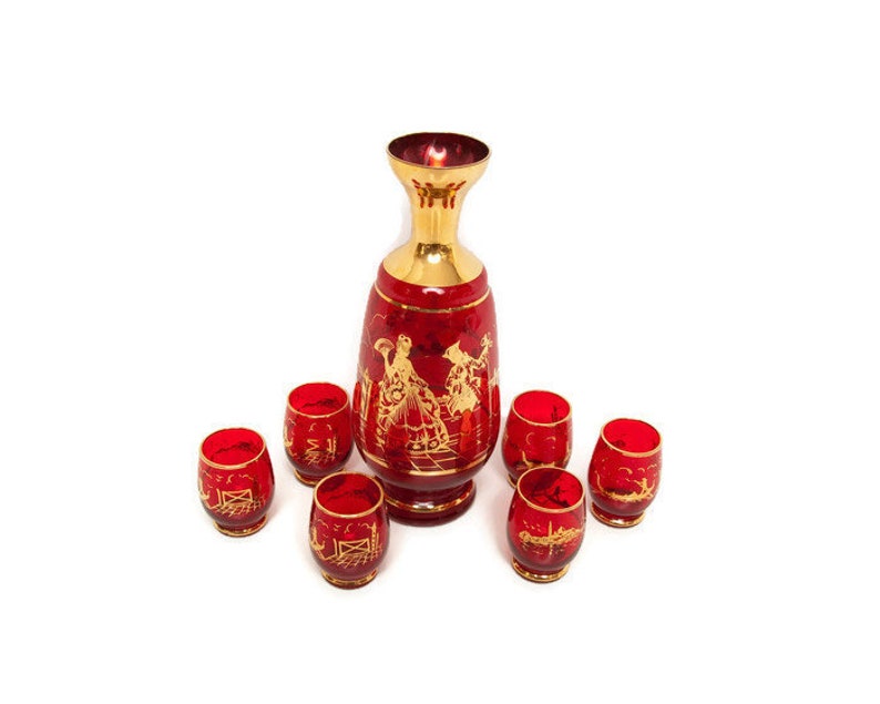Antique Ruby Red Glass Decanter 6 Cordials Venice Etsy
