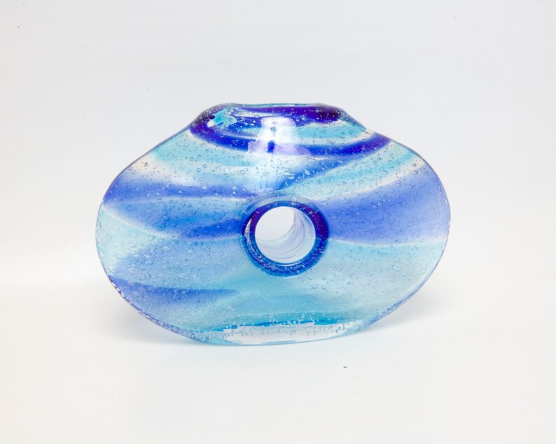 Vintage Donut Hole Vase Art Glass Blue Ribbon Swirls Hand Etsy