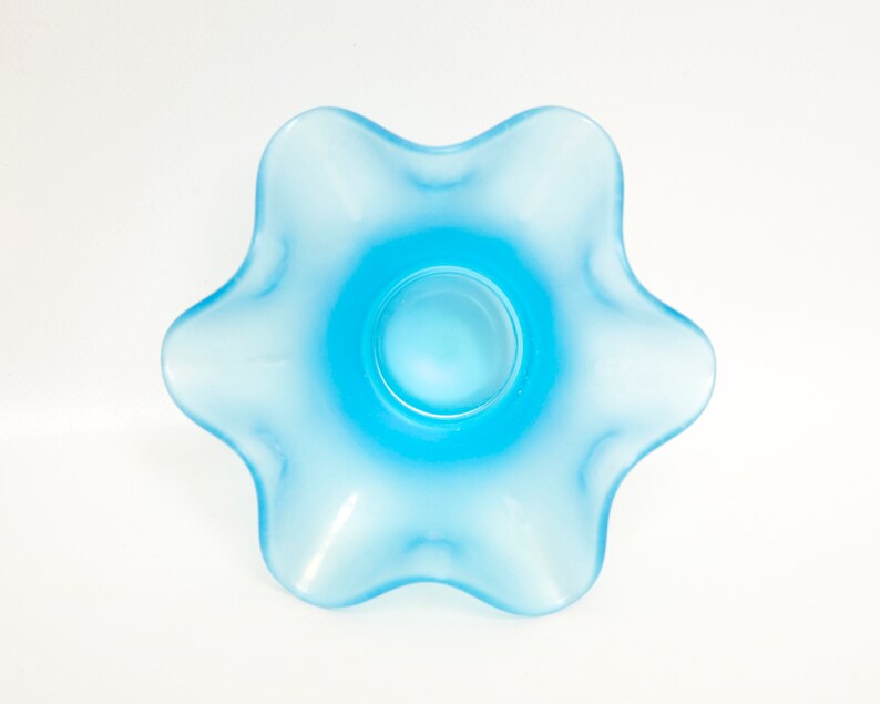 Antique Fenton Celeste Blue Stretch Glass Candy Bowl Flared Ruffled Edge Iridescent Satin Blue Early Fenton Art Glass Candle Holder Nut Dish