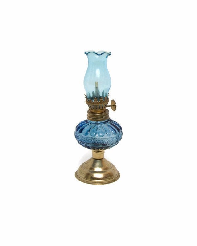 Vintage blue glass oil lamp deals