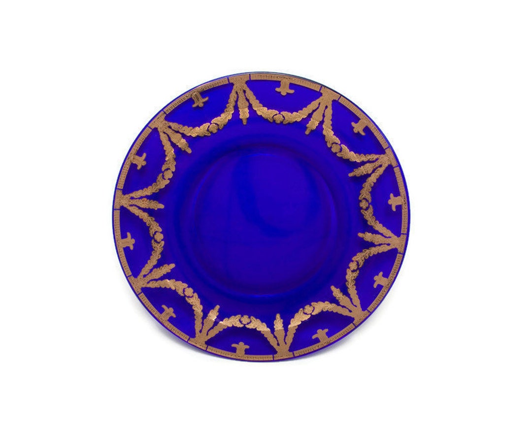 Vintage Cobalt Blue Glass Plate Gold Enamel Laurel Swag Edge Etsy