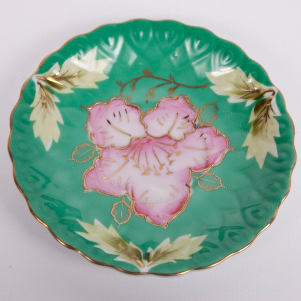 Vintage Pink Lotus Flower Saucer Registered Celebrate Pink and Green Raised Gold Trim Gilt