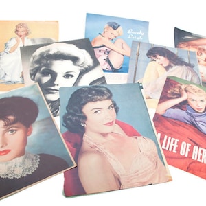 Páginas de revistas antiguas de los años 50 y 60: Marilyn Monroe, estrellas de cine, celebridades de Hollywood. Efímeras para álbumes de recortes, diarios y manualidades. 11 x 8