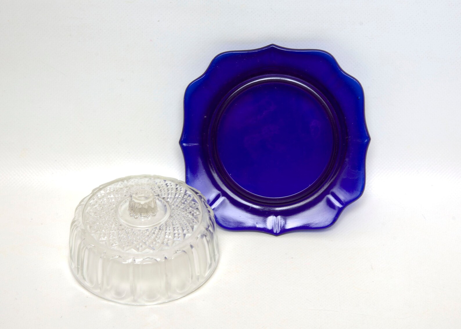 Vintage Cobalt Blue Glass Butter Dish With Clear Cut Glass Lid Etsy