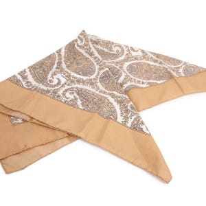 Vintage Paisley Scarf | 25-Inch Square Tan, White and Black | Rolled Edge Polyester Headscarf | Retro Neckwear & Hair Accessory