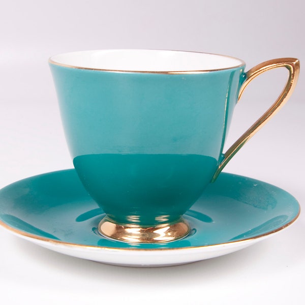 Vintage Royal Albert Footed Teacup Teal and Gold Bone China England Gaiety