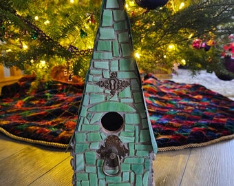 Vintage Mosaic Birdhouse - Green Glass Tiles and Stones - Tin Roof - Antique Accents - Garden Art - 15 Inch - Shattered Jade Tiles