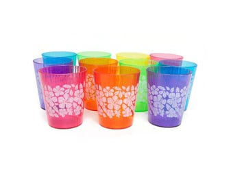Vintage Tropical Shot Glasses - Plastic Hawaiian Decor - Never Used - Multi Colored - Summer Party Ware