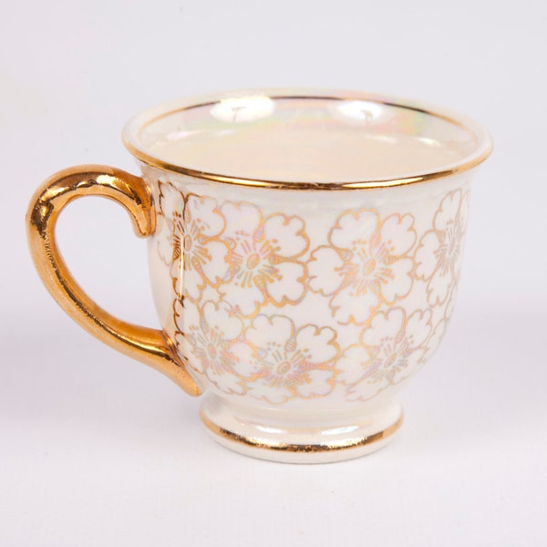 Vintage Gold Iridescent Teacup Floral Design Footed Pearl Gold Overlays Pedestal Tea Cup