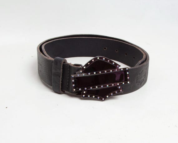 Vintage Harley-davidson Rhinestone Buckle Leather Belt - Biker