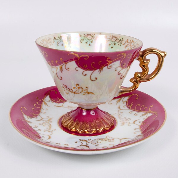 RESERVED for Kathryn Vintage Footed Iridescent Teacup Maroon Gold Made in Japan Pedestal Hand Painted Ornate Gold Handle