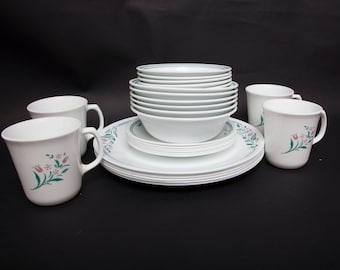 Vintage Corning Corelle Pink Green Floral Tulip ROSEMARIE - 28 Piece Dinnerware Set