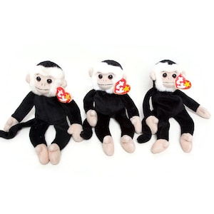 Ty Beanie Babies Lot - 3 Mooch the Spider Monkeys - White Fuzzy Rimmed Face - 1999 - New With Tags