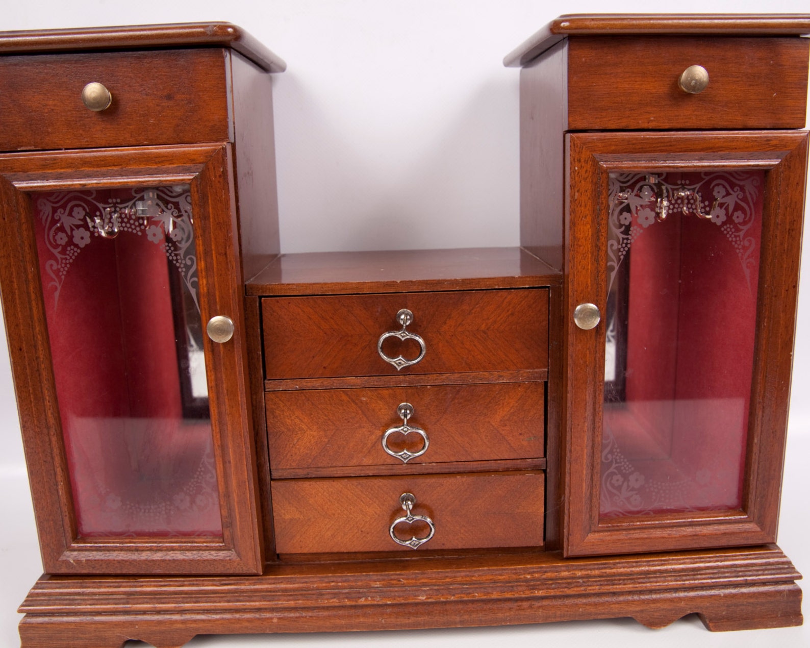 Vintage Jewelry Box Armoire Tabletop Wood Chest Etched Glass Etsy