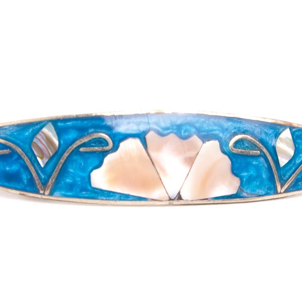 RESERVED for Lana Vintage Hair Barrette Mother of Pearl Abalone Teal Blue Enamel Silvertone Alpaca Mexico