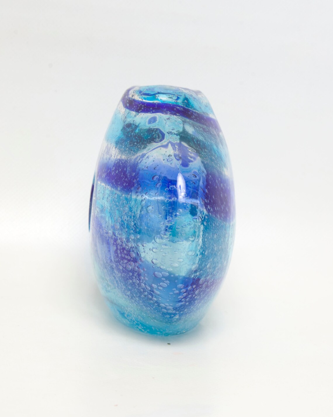 Vintage Donut Hole Vase Art Glass Blue Ribbon Swirls Hand Etsy