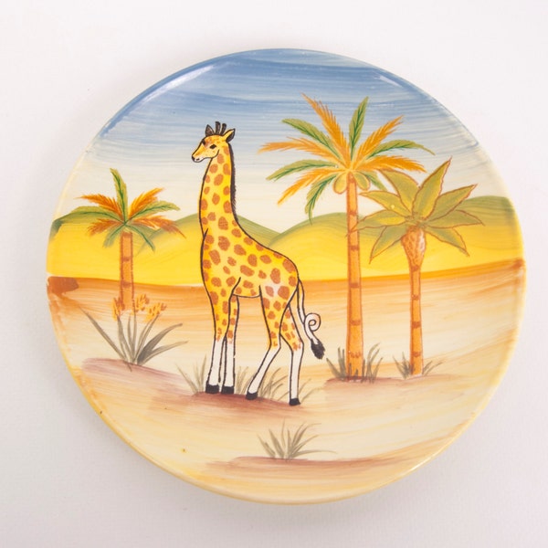 Vintage Giraffe Plate Child's Plate Hand Painted Dish Palm Trees Children Porcelain Zoo Animal Plate