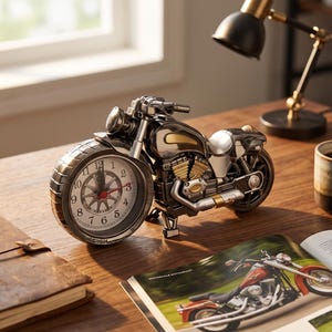Puede incluir: Un reloj de escritorio metálico con forma de motocicleta que presenta una esfera analógica redonda integrada en la rueda delantera. El reloj tiene un acabado plateado con detalles de motor en tono dorado, manillar negro y esfera blanca.