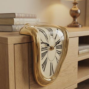 May include: A gold-colored, melting clock with a cream-colored face and black Roman numerals. The clock has a distorted, surreal design, resting on a wooden surface. The clock's hands point to 10:10.