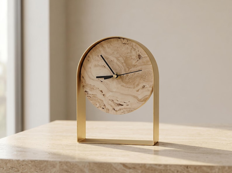May include: A modern, gold-toned desk clock with a circular face featuring a marbled, beige pattern. The clock has black hands and a rectangular base. The clock is approximately 7 inches tall and 6 inches wide.