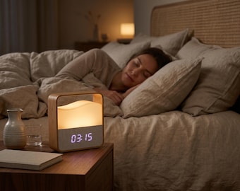 May include: A square wooden alarm clock with a light-colored frame and a soft, glowing wave-shaped lamp on top. The digital display shows the time 03:15 in purple numbers on a textured gray panel located below the illuminated wave section.
