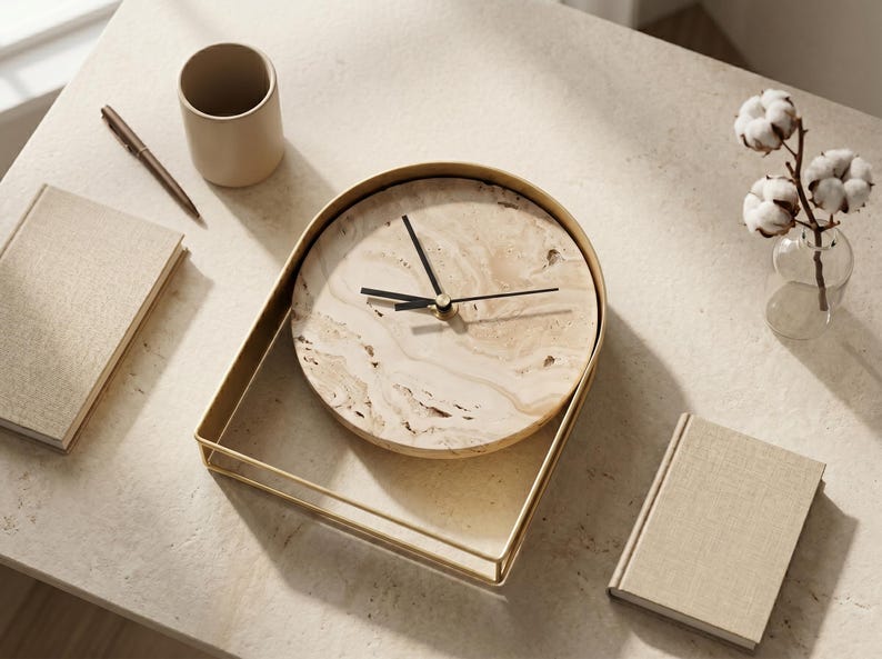 May include: A beige marble-faced clock with black hands sits in a gold-colored tray. A pen, a beige mug, and two beige books are on the table. A small glass vase with cotton flowers is also present. The scene is lit by natural light.