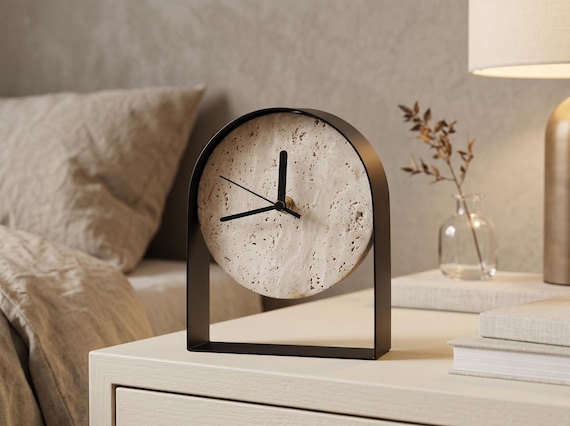 Luxury Marble Decor Desk Clock – Travertine Style, Minimalist Home Office Decor, Travertine Style Shelf Clock, Scandinavian Living Room