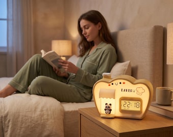 May include: A beige, bread-shaped digital alarm clock with a glowing light feature. The front displays the text BAKERY, a chef hat icon, and a small panda figure under a canopy. A digital screen shows the time 22:18 with AM PM indicators.