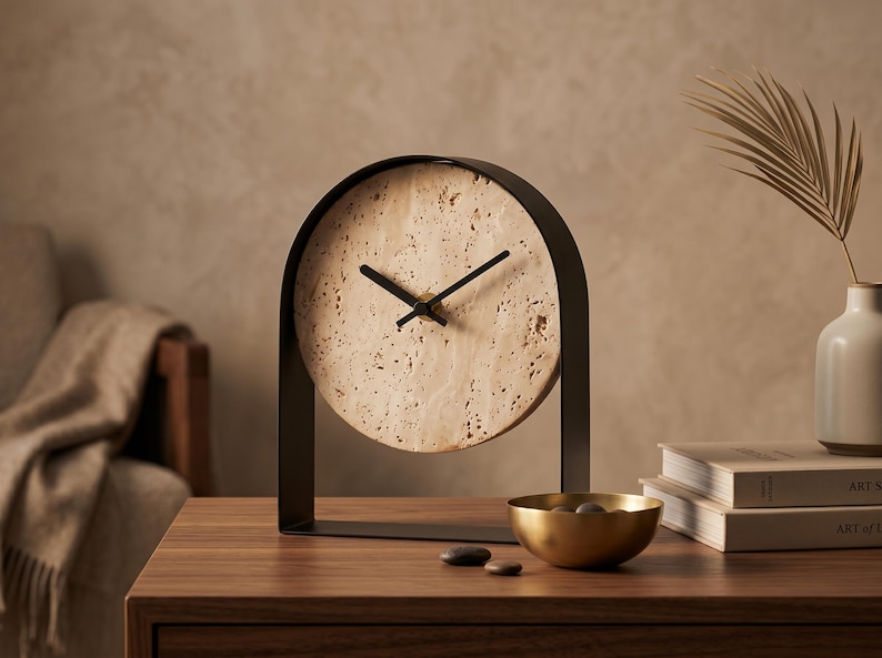 May include: A modern, minimalist table clock with a circular face made of speckled beige stone. The clock is set in a black metal arch frame. The hands are black. A gold bowl with stones and books are on the wooden table.
