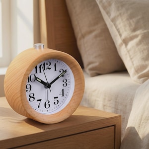 Puede incluir: Un despertador de madera de color claro con una esfera blanca y números negros está sobre una mesita de noche de madera. El reloj tiene forma redonda y una parte superior plateada. La hora es aproximadamente las 2:10. Un pequeño jarrón con flores secas está a la izquierda.