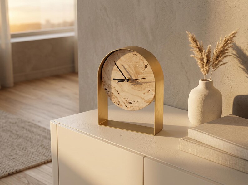 May include: A modern, gold-framed clock with a light-colored, patterned face sits on a white surface. The clock's hands are black. A small vase with dried plants and two books are next to the clock. The scene is lit by warm sunlight.