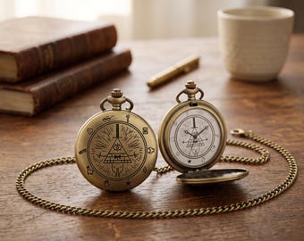May include: Two antique-style brass pocket watches with a long matching chain. One watch is closed, displaying an engraved triangular eye symbol surrounded by small icons. The other watch is open, revealing a white clock face with the same eye design.