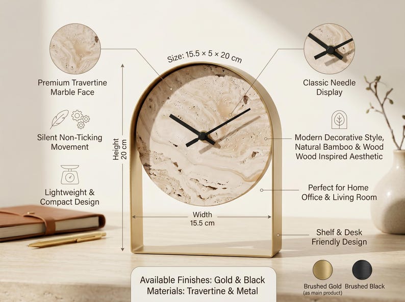 May include: A gold-colored, arched desk clock with a travertine marble face and black hands. The clock is 15.5 cm wide, 20 cm tall, and 5 cm deep. It features a silent, non-ticking movement and a lightweight design. Available in gold and black finishes.