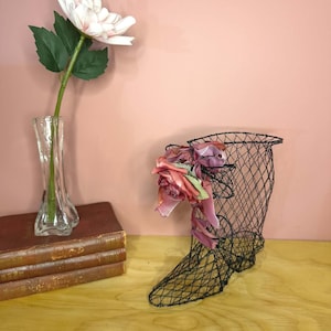 Vintage Victorian black metal boot - Topiary stand - Shabby chic pink floral decoration - Planter.