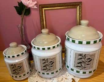 Ensemble vintage Himark Savory Thyme avec couvercles hermétiques 3 bocaux rangement cuisine. Motifs d'herbes aromatiques.