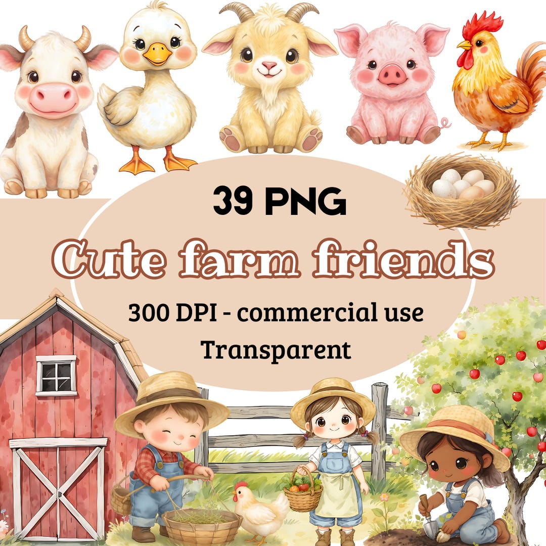 Watercolor Farm Animals Clipart PNG, Baby Farm Friends Graphics ...