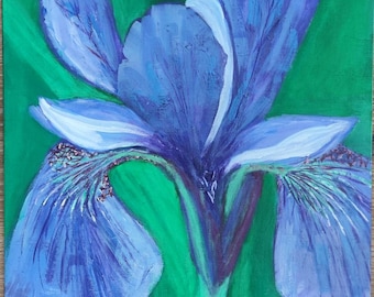Purple Iris Flower Painting, Large Botanical Acrylic Art on Canvas Board