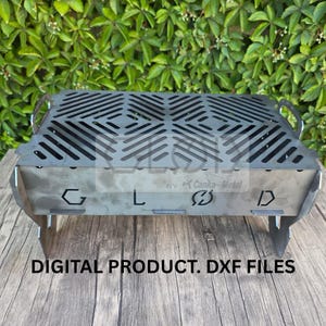 May include: A silver metal grill with a geometric pattern on the top and handles on the sides. The text "DIGITAL PRODUCT. DXF FILES" is displayed at the bottom. The grill is designed by Conka-Metal.