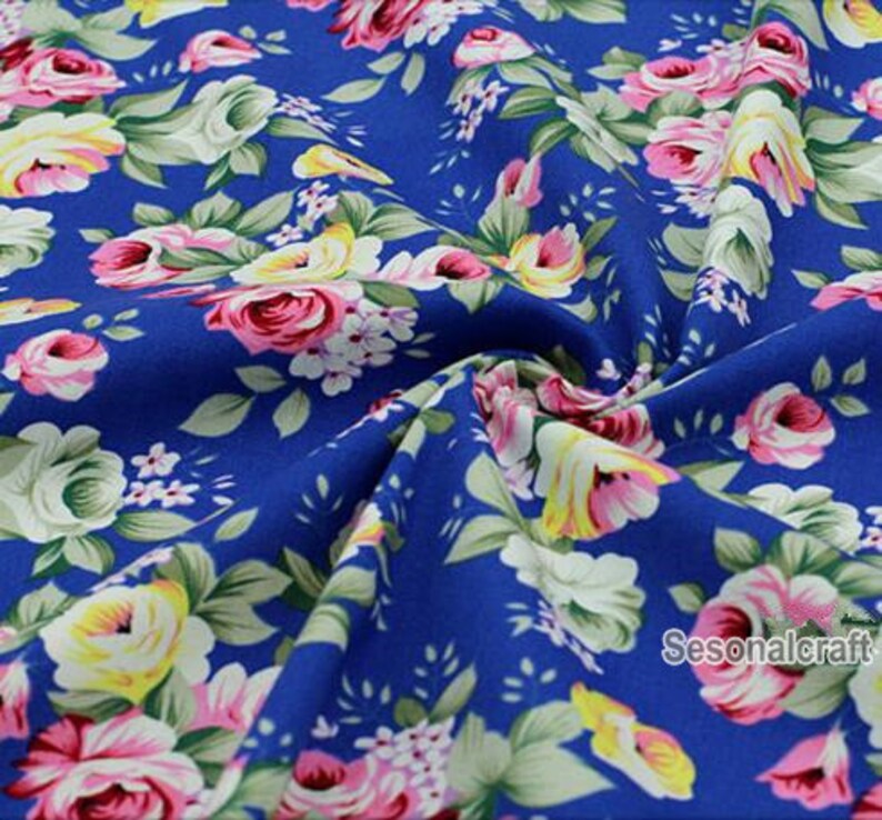 Flower Cotton Fabric Oil Painting Style Floral Denim Stretch Etsy