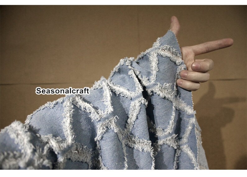 Weight Washed Denim diy,Sewing Half yard Meter Hollow out Gingham 3D Texture Denim Cotton Fabric QT1723 blue denim