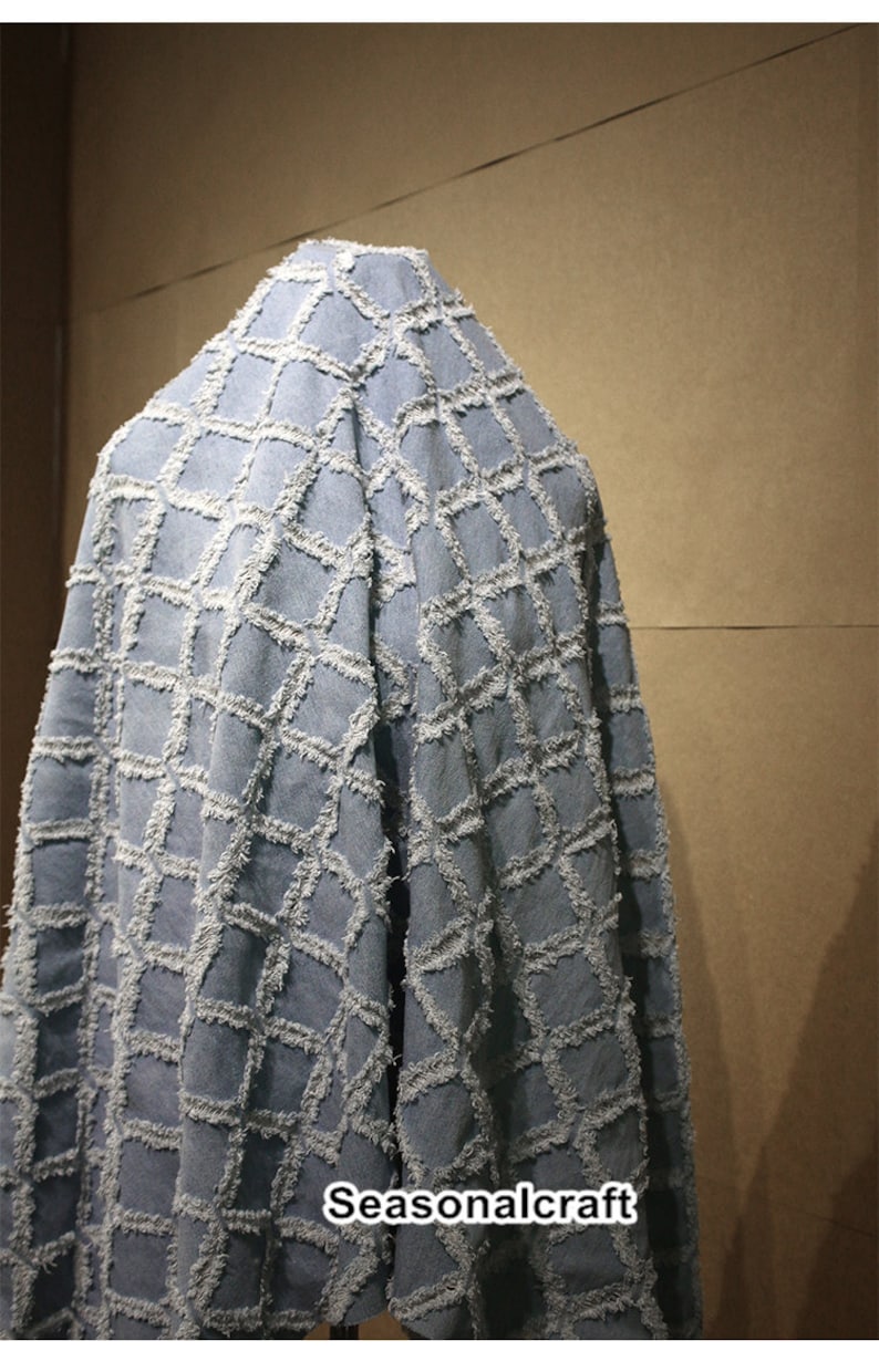 Weight Washed Denim diy,Sewing Half yard Meter Hollow out Gingham 3D Texture Denim Cotton Fabric QT1723 blue denim