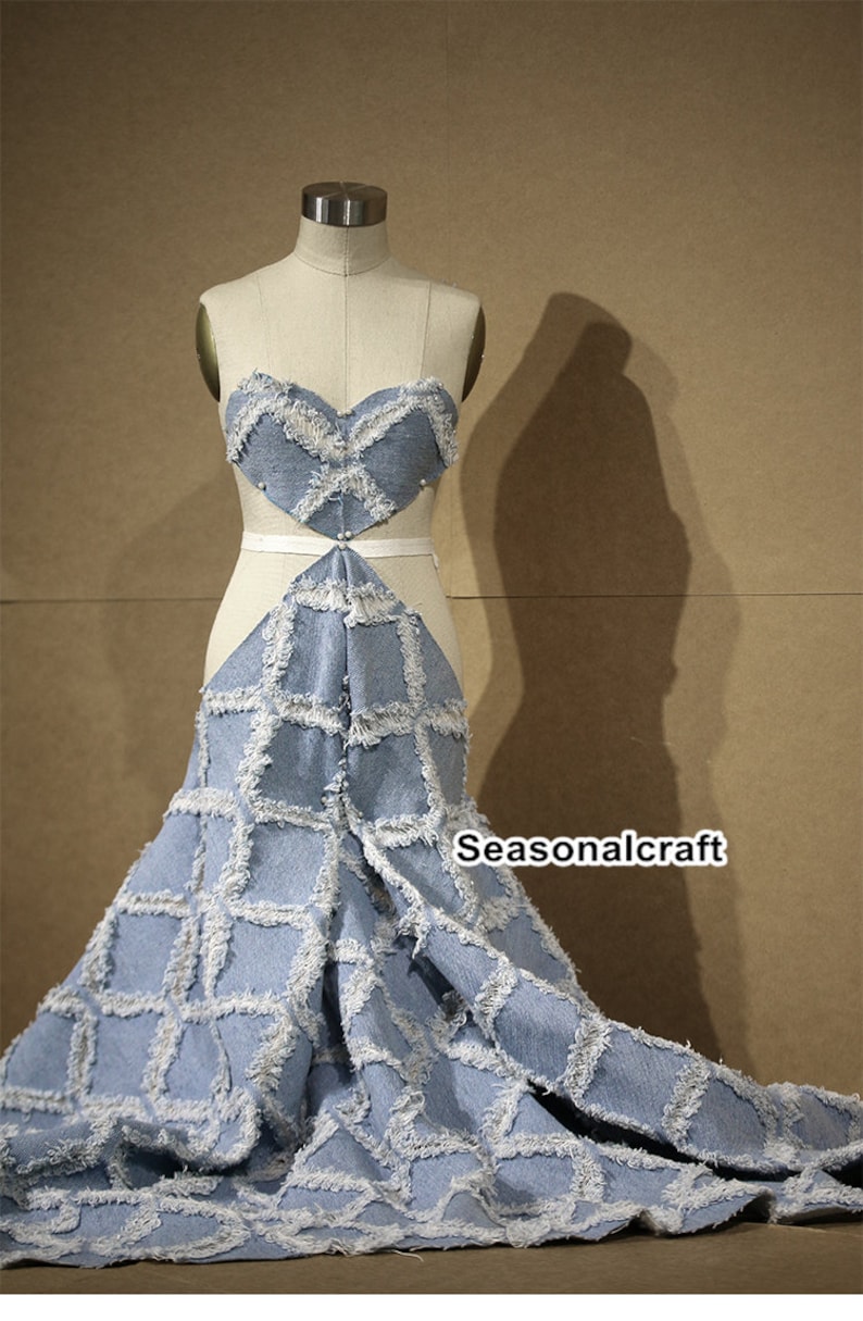 Weight Washed Denim diy,Sewing Half yard Meter Hollow out Gingham 3D Texture Denim Cotton Fabric QT1723 blue denim