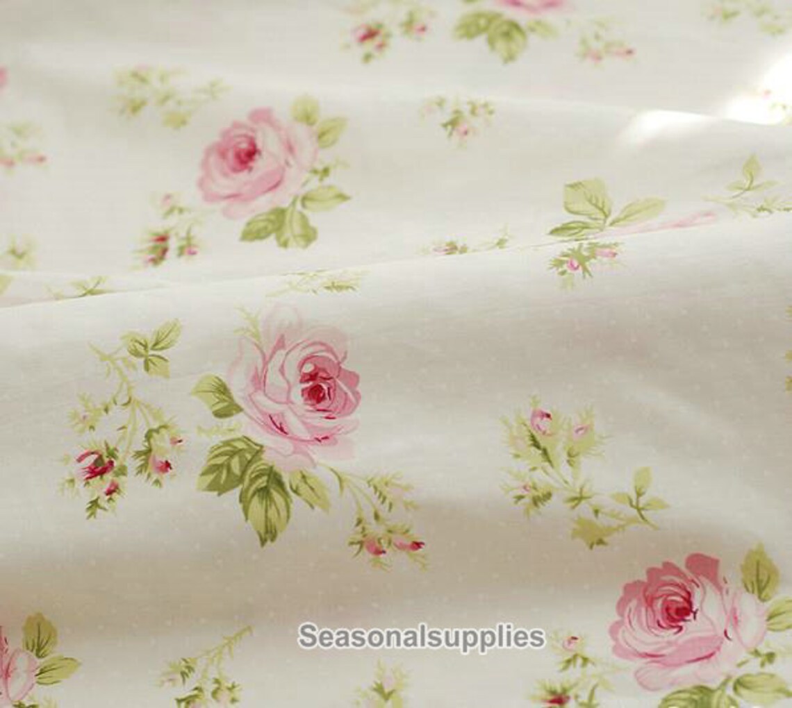 Large Rose Cotton Fabric Pink Rose Dots on Off White Etsy