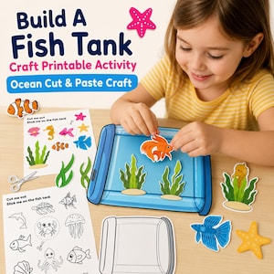 May include: A printable craft activity titled Build A Fish Tank featuring ocean-themed cutouts. The set includes sheets with illustrations of fish, starfish, and seaweed, a blue plastic fish tank container, and a black and white coloring page.