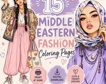 15 Middle Eastern Fashion Coloring Pages, Modest Cultural Printable (Digital Download)