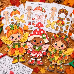 May include: Three paper doll fairies featuring a Pumpkin Fairy, a Mushroom Fairy, and a Tree Fairy, each with matching outfits and accessories. The set includes printed sheets with cut-out fairy figures, colorful leaf-themed clothing, and wings.