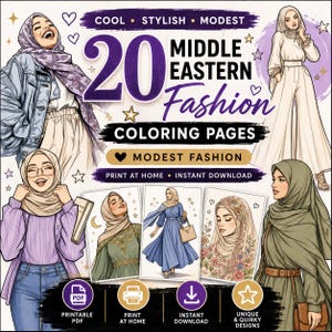 20 Middle Eastern Fashion Coloring Pages, Modest Hijab Style Printable PDF