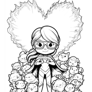 May include: Black and white illustration of a superhero-like figure with glasses, a cape, and a heart-shaped aura. The figure is surrounded by a pile of cartoon cats and dogs. The text at the top says, "i love myself exactly as i am!"